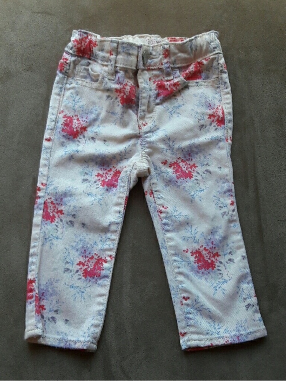Girls' Floral Print White Denim Pants - Pink & Blue
